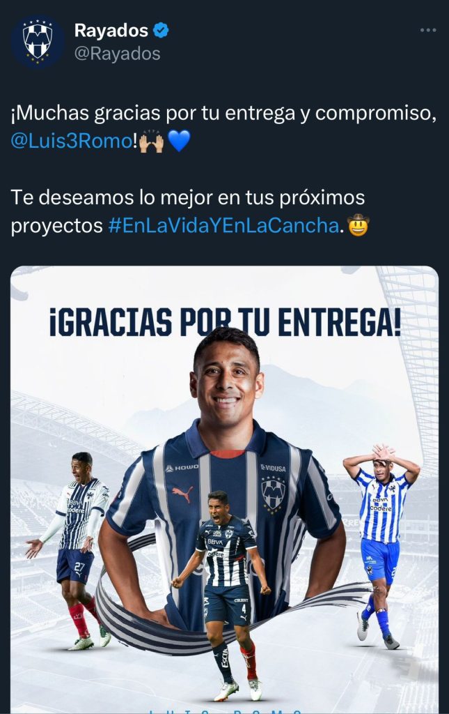 Una de las publicaciones de Rayados para anunciar la venta de Luis Romo (Fuente: @Rayados)